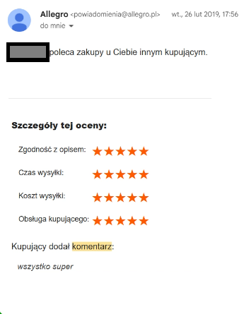 Customer review from Allegro