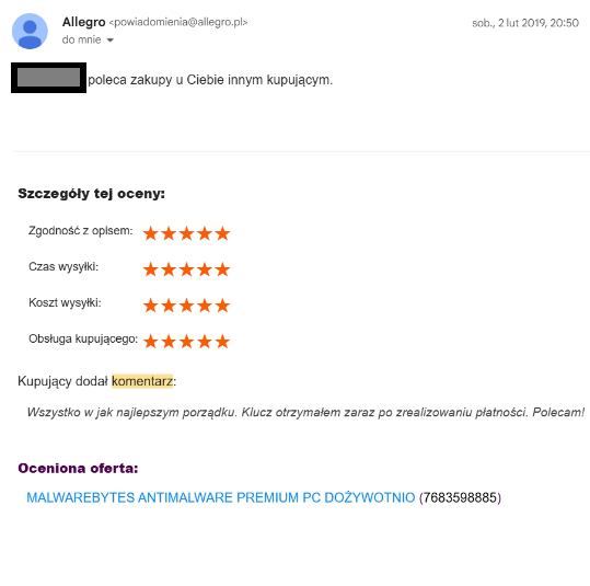 Customer review from Allegro