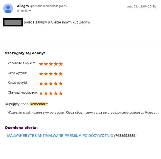 Customer review from Allegro