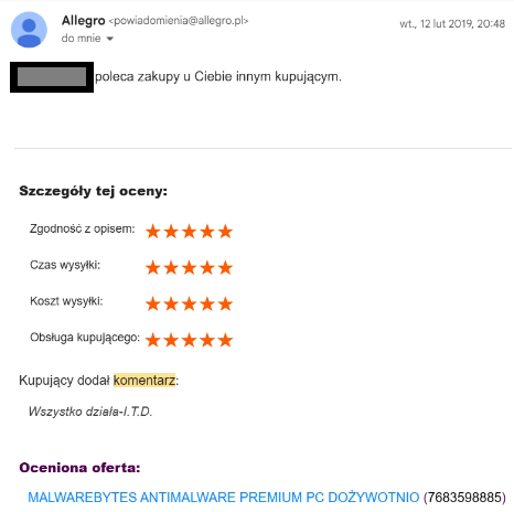 Customer review from Allegro